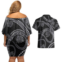 Hawaiian Kakau Art and Hisbiscus Tattoo Couples Matching Off Shoulder Short Dress and Hawaiian Shirt Tribal Pattern-Silver Style LT03 - Polynesian Pride