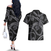 Hawaiian Kakau Art and Hisbiscus Tattoo Couples Matching Off The Shoulder Long Sleeve Dress and Hawaiian Shirt Tribal Pattern-Silver Style LT03 - Polynesian Pride