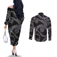 Hawaiian Kakau Art and Hisbiscus Tattoo Couples Matching Off The Shoulder Long Sleeve Dress and Long Sleeve Button Shirt Tribal Pattern-Silver Style LT03 - Polynesian Pride