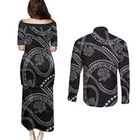 Hawaiian Kakau Art and Hisbiscus Tattoo Couples Matching Puletasi and Long Sleeve Button Shirt Tribal Pattern-Silver Style - Polynesian Pride