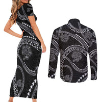 Hawaiian Kakau Art and Hisbiscus Tattoo Couples Matching Short Sleeve Bodycon Dress and Long Sleeve Button Shirt Tribal Pattern-Silver Style LT03 - Polynesian Pride