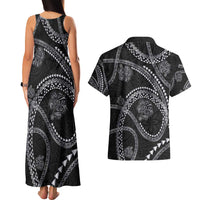 Hawaiian Kakau Art and Hisbiscus Tattoo Couples Matching Tank Maxi Dress and Hawaiian Shirt Tribal Pattern-Silver Style LT03 - Polynesian Pride