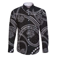 Hawaiian Kakau Art and Hisbiscus Tattoo Family Matching Mermaid Dress and Hawaiian Shirt Tribal Pattern-Silver Style LT03 Dad's Shirt - Long Sleeve Black - Polynesian Pride