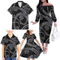 Hawaiian Kakau Art and Hisbiscus Tattoo Family Matching Off The Shoulder Long Sleeve Dress and Hawaiian Shirt Tribal Pattern-Silver Style LT03 - Polynesian Pride