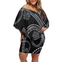 Hawaiian Kakau Art and Hisbiscus Tattoo Family Matching Off Shoulder Short Dress and Hawaiian Shirt Tribal Pattern-Silver Style LT03 Mom's Dress Black - Polynesian Pride