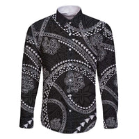 Hawaiian Kakau Art and Hisbiscus Tattoo Family Matching Puletasi and Hawaiian Shirt Tribal Pattern-Silver Style LT03 Dad's Shirt - Long Sleeve Black - Polynesian Pride