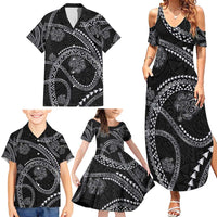 Hawaiian Kakau Art and Hisbiscus Tattoo Family Matching Summer Maxi Dress and Hawaiian Shirt Tribal Pattern-Silver Style LT03 - Polynesian Pride