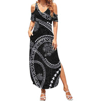 Hawaiian Kakau Art and Hisbiscus Tattoo Family Matching Summer Maxi Dress and Hawaiian Shirt Tribal Pattern-Silver Style LT03 Mom's Dress Black - Polynesian Pride