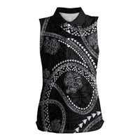 Hawaiian Kakau Art and Hisbiscus Tattoo Women Sleeveless Polo Shirt Tribal Pattern-Silver Style LT03 Female Black - Polynesian Pride