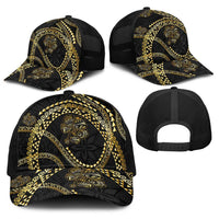 Hawaiian Kakau Art and Hisbiscus Tattoo Baseball Net Cap Tribal Pattern-Gold Style - Polynesian Pride