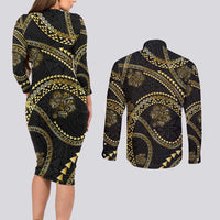 Hawaiian Kakau Art and Hisbiscus Tattoo Couples Matching Long Sleeve Bodycon Dress and Long Sleeve Button Shirt Tribal Pattern-Gold Style LT03 - Polynesian Pride