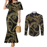 Hawaiian Kakau Art and Hisbiscus Tattoo Couples Matching Mermaid Dress and Long Sleeve Button Shirt Tribal Pattern-Gold Style LT03 Black - Polynesian Pride