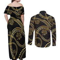 Hawaiian Kakau Art and Hisbiscus Tattoo Couples Matching Off Shoulder Maxi Dress and Long Sleeve Button Shirt Tribal Pattern-Gold Style LT03 - Polynesian Pride