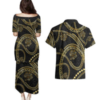 Hawaiian Kakau Art and Hisbiscus Tattoo Couples Matching Puletasi and Hawaiian Shirt Tribal Pattern-Gold Style LT03 - Polynesian Pride