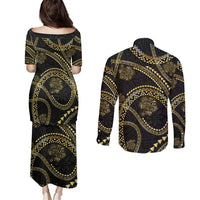 Hawaiian Kakau Art and Hisbiscus Tattoo Couples Matching Puletasi and Long Sleeve Button Shirt Tribal Pattern-Gold Style LT03 - Polynesian Pride