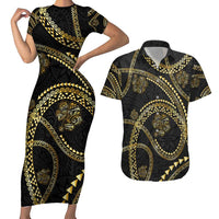 Hawaiian Kakau Art and Hisbiscus Tattoo Couples Matching Short Sleeve Bodycon Dress and Hawaiian Shirt Tribal Pattern-Gold Style LT03 Black - Polynesian Pride