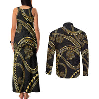 Hawaiian Kakau Art and Hisbiscus Tattoo Couples Matching Tank Maxi Dress and Long Sleeve Button Shirt Tribal Pattern-Gold Style LT03 - Polynesian Pride