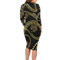 Hawaiian Kakau Art and Hisbiscus Tattoo Family Matching Long Sleeve Bodycon Dress and Hawaiian Shirt Tribal Pattern-Gold Style LT03 - Polynesian Pride