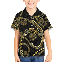 Hawaiian Kakau Art and Hisbiscus Tattoo Family Matching Long Sleeve Bodycon Dress and Hawaiian Shirt Tribal Pattern-Gold Style LT03 Son's Shirt Black - Polynesian Pride