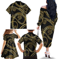 Hawaiian Kakau Art and Hisbiscus Tattoo Family Matching Off The Shoulder Long Sleeve Dress and Hawaiian Shirt Tribal Pattern-Gold Style LT03 - Polynesian Pride