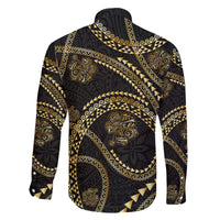 Hawaiian Kakau Art and Hisbiscus Tattoo Family Matching Off The Shoulder Long Sleeve Dress and Hawaiian Shirt Tribal Pattern-Gold Style LT03 - Polynesian Pride