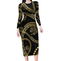 Hawaiian Kakau Art and Hisbiscus Tattoo Long Sleeve Bodycon Dress Tribal Pattern-Gold Style LT03 Long Dress Black - Polynesian Pride
