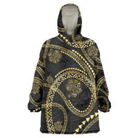 Hawaiian Kakau Art and Hisbiscus Tattoo Wearable Blanket Hoodie Tribal Pattern-Gold Style LT03 One Size Black - Polynesian Pride