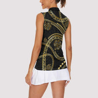 Hawaiian Kakau Art and Hisbiscus Tattoo Women Sleeveless Polo Shirt Tribal Pattern-Gold Style LT03 - Polynesian Pride
