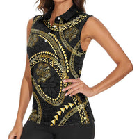 Hawaiian Kakau Art and Hisbiscus Tattoo Women Sleeveless Polo Shirt Tribal Pattern-Gold Style LT03 - Polynesian Pride