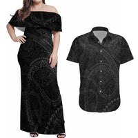 Hawaiian Kakau Art and Hisbiscus Tattoo Couples Matching Off Shoulder Maxi Dress and Hawaiian Shirt Tribal Pattern-Black Gradient Style LT03 Black - Polynesian Pride