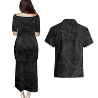 Hawaiian Kakau Art and Hisbiscus Tattoo Couples Matching Puletasi and Hawaiian Shirt Tribal Pattern-Black Gradient Style - Polynesian Pride