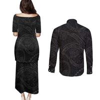 Hawaiian Kakau Art and Hisbiscus Tattoo Couples Matching Puletasi and Long Sleeve Button Shirt Tribal Pattern-Black Gradient Style - Polynesian Pride