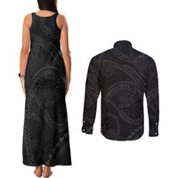 Hawaiian Kakau Art and Hisbiscus Tattoo Couples Matching Tank Maxi Dress and Long Sleeve Button Shirt Tribal Pattern-Black Gradient Style LT03 - Polynesian Pride