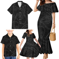 Hawaiian Kakau Art and Hisbiscus Tattoo Family Matching Mermaid Dress and Hawaiian Shirt Tribal Pattern-Black Gradient Style LT03 - Polynesian Pride