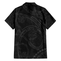 Hawaiian Kakau Art and Hisbiscus Tattoo Family Matching Off The Shoulder Long Sleeve Dress and Hawaiian Shirt Tribal Pattern-Black Gradient Style LT03 - Polynesian Pride