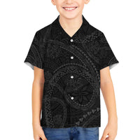 Hawaiian Kakau Art and Hisbiscus Tattoo Family Matching Off The Shoulder Long Sleeve Dress and Hawaiian Shirt Tribal Pattern-Black Gradient Style LT03 Son's Shirt Black - Polynesian Pride