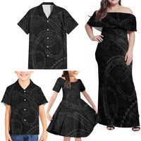 Hawaiian Kakau Art and Hisbiscus Tattoo Family Matching Off Shoulder Maxi Dress and Hawaiian Shirt Tribal Pattern-Black Gradient Style LT03 - Polynesian Pride