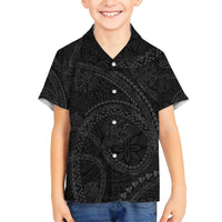 Hawaiian Kakau Art and Hisbiscus Tattoo Family Matching Puletasi and Hawaiian Shirt Tribal Pattern-Black Gradient Style LT03 Son's Shirt Black - Polynesian Pride