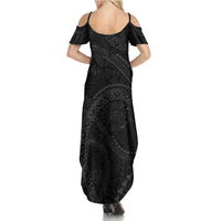 Hawaiian Kakau Art and Hisbiscus Tattoo Family Matching Summer Maxi Dress and Hawaiian Shirt Tribal Pattern-Black Gradient Style LT03 - Polynesian Pride