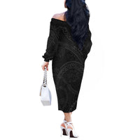 Hawaiian Kakau Art and Hisbiscus Tattoo Off The Shoulder Long Sleeve Dress Tribal Pattern-Black Gradient Style - Polynesian Pride