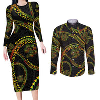 Hawaiian Kakau Art and Hisbiscus Tattoo Couples Matching Long Sleeve Bodycon Dress and Long Sleeve Button Shirt Tribal Pattern-Reggae Style LT03 Black - Polynesian Pride