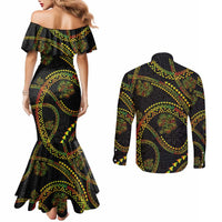 Hawaiian Kakau Art and Hisbiscus Tattoo Couples Matching Mermaid Dress and Long Sleeve Button Shirt Tribal Pattern-Reggae Style LT03 - Polynesian Pride