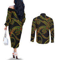 Hawaiian Kakau Art and Hisbiscus Tattoo Couples Matching Off The Shoulder Long Sleeve Dress and Long Sleeve Button Shirt Tribal Pattern-Reggae Style LT03 - Polynesian Pride