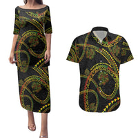Hawaiian Kakau Art and Hisbiscus Tattoo Couples Matching Puletasi and Hawaiian Shirt Tribal Pattern-Reggae Style LT03 Black - Polynesian Pride