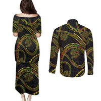 Hawaiian Kakau Art and Hisbiscus Tattoo Couples Matching Puletasi and Long Sleeve Button Shirt Tribal Pattern-Reggae Style - Polynesian Pride