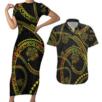 Hawaiian Kakau Art and Hisbiscus Tattoo Couples Matching Short Sleeve Bodycon Dress and Hawaiian Shirt Tribal Pattern-Reggae Style LT03 Black - Polynesian Pride