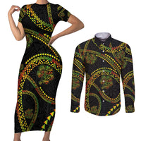 Hawaiian Kakau Art and Hisbiscus Tattoo Couples Matching Short Sleeve Bodycon Dress and Long Sleeve Button Shirt Tribal Pattern-Reggae Style LT03 Black - Polynesian Pride