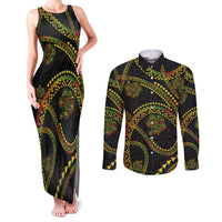 Hawaiian Kakau Art and Hisbiscus Tattoo Couples Matching Tank Maxi Dress and Long Sleeve Button Shirt Tribal Pattern-Reggae Style LT03 Black - Polynesian Pride