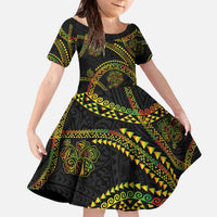 Hawaiian Kakau Art and Hisbiscus Tattoo Family Matching Off The Shoulder Long Sleeve Dress and Hawaiian Shirt Tribal Pattern-Reggae Style LT03 Daughter's Dress Black - Polynesian Pride