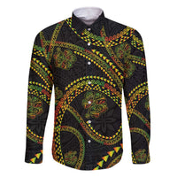 Hawaiian Kakau Art and Hisbiscus Tattoo Family Matching Off The Shoulder Long Sleeve Dress and Hawaiian Shirt Tribal Pattern-Reggae Style LT03 Dad's Shirt - Long Sleeve Black - Polynesian Pride